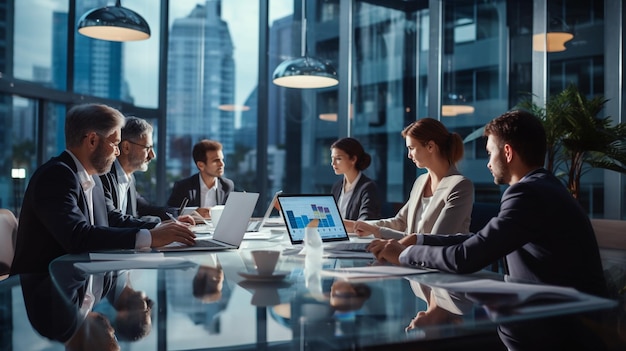 Photo business team discussing over laptop in office