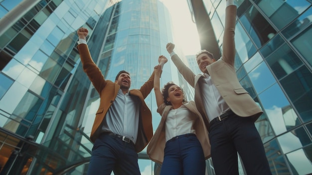 Photo business team employees screaming celebrating good news