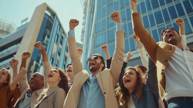 business team employees screaming celebrating good news