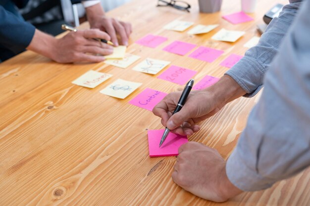 ビジネスチームはテーブルに集まり、ブレインストーミングをしたり、創造的なアイデアを熱心に書いたりします