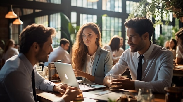 Business team having informal meeting around table in coffee shop