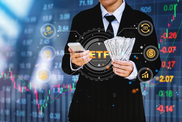Business team investor think before buying stock market investment investor analysis of ETF Exchange traded fund stock market trading investment financial concept