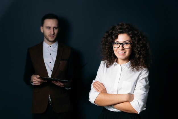 business team man and woman on a blue background 
young startup