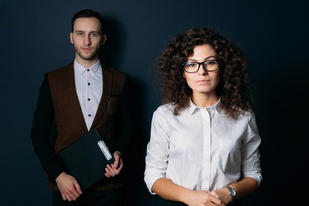 business team man and woman on a blue background 
young startup