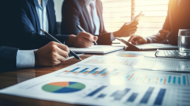 Business team point data the business plan discussing analysis with financial data and marketing growth report graph in team