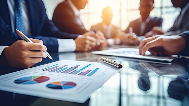 Business team point data the business plan discussing analysis with financial data and marketing growth report graph in team