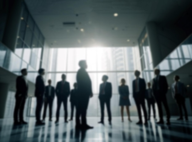 Business team standing in an office blurred background image of a group of corporate employees