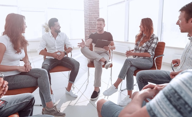 Business team talking in the lobby of the officephoto with copy space