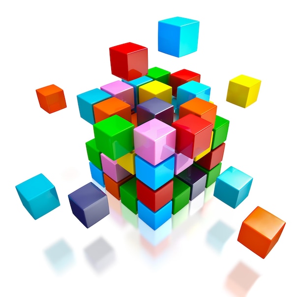 Business team teamwork collaboration concept color cubes assemble into cubic structure isolated