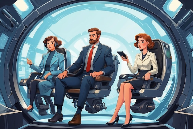 Business Team Time Travel Cartoon Characters in Time Machine Capsule voor het veranderen van geschiedenis vector illustratie