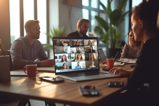 Foto team aziendale in videoconferenza riunione aziendale su videoconferenza riunione ai generativa