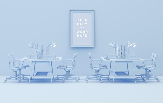 Business teamwork concept. Modern office on pastel blue background.