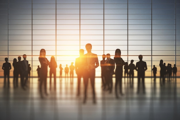 Business teamwork and corporate work concept with people\
silhouettes in spacious office hall at sunset