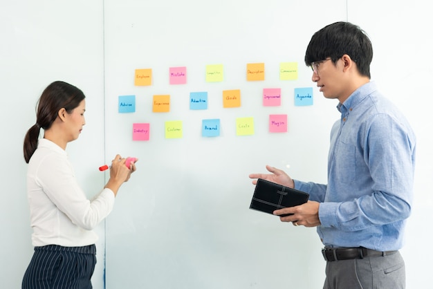 Lavoro di squadra di affari nella riunione e nota adesiva sul bordo dello specchio discussting con la squadra nella stanza dell'ufficio per raccogliere qualche idea del piano di brainstorming.