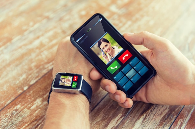 business, technologie en mensen concept - close-up van mannenhand met slimme telefoon en het dragen van een slim horloge met inkomende oproepinterface op het scherm