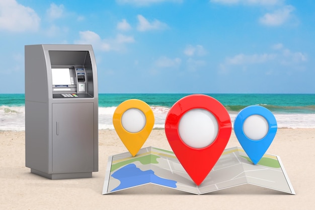 Business Technology Concept ATM Deposit Machine and Folded Abstract Navigation Map with Three Target Map Pointer Pins on an Ocean or Sea Sand Beach 3d Rendering