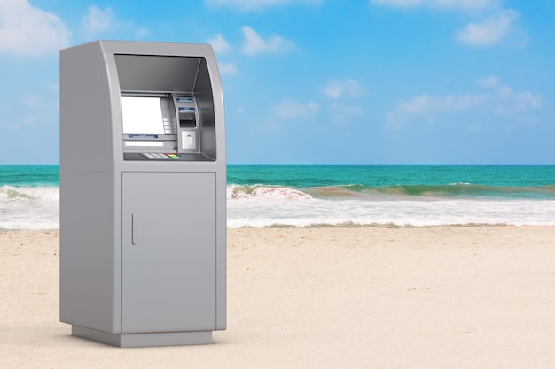 Business Technology Concept ATM Deposit Machine on an Ocean or Sea Sand Beach 3d Rendering