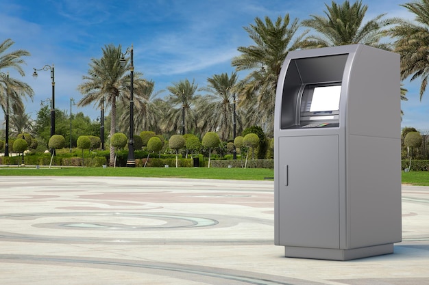 Business technology concept atm-stortingsmachine op een lege stadsstraat met palmbomen 3d-rendering