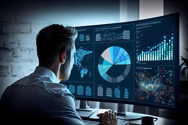 Бизнес и технологии Аналитик данных, работающий над панелью бизнес-аналитики с показателями диаграмм и KPI для анализа производительности и создания аналитических отчетов для управления операциями Ai Generative