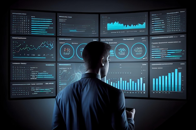 Бизнес и технологии Аналитик данных, работающий над панелью бизнес-аналитики с показателями диаграмм и ключевыми показателями эффективности для анализа производительности и создания аналитических отчетов для управления операциями Ai Generative
