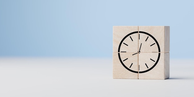 Иконка часов концепции Business Times на деревянных кубиках на синем фоне Обратный отсчет управления временем до крайнего срока копирования пространства