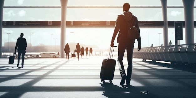 Business travel arrival businessman silhouette walking in the airport generative ai