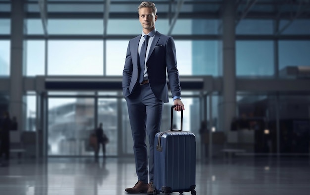 青いスーツを着て空港の背景に濃い青いスーツケースを持ったビジネス旅行者