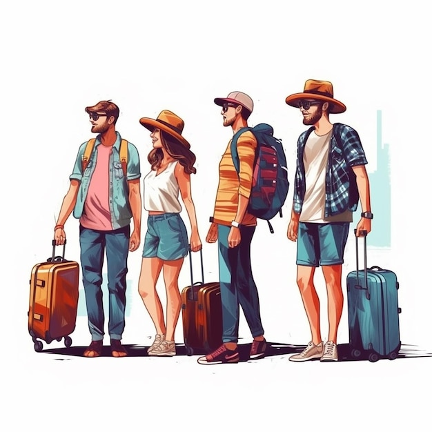 Бизнес-поездка и семейные каникулы Иллюстрация путешествующих людей Терминал аэропорта и путешественники.