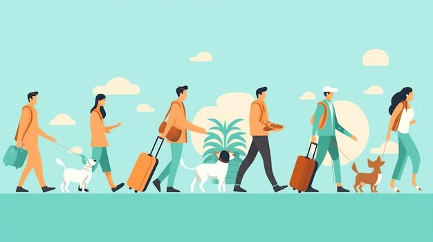 Business Trip and Family Vacation Illustration Traveling People Airport Terminal and Travelers