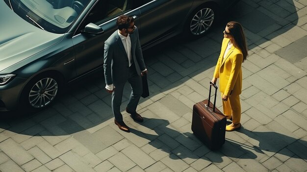 Foto viaggio d'affari uomo e donna che camminano verso l'aeroporto trasportando bagagli foto di alta qualità