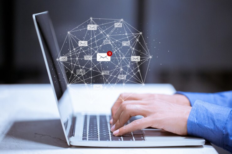 Photo business using laptop,with email icon,email inbox electronic communication graphics concept.