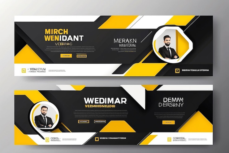 Photo business webinar horizontal banner template design modern banner design with black and white background and yellow frame shape