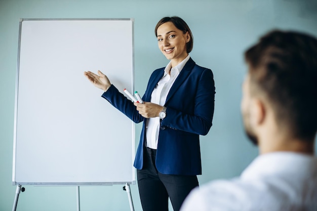 Business woman analyst standing by the white board at the office