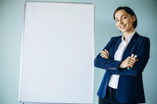 Business woman analyst standing by the white board at the office