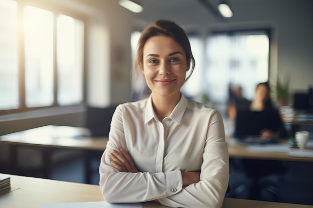 Foto donna d'affari con le braccia incrociate ritratto e scrivania sorridente in ufficio per il computer portatile o l'amministrazione di scartoffie