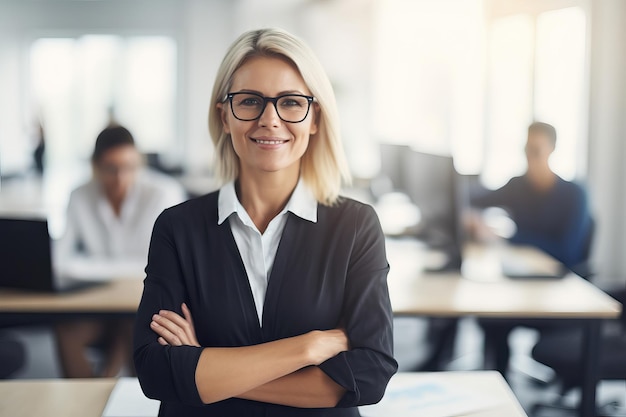 Business woman arms crossed portrait and smile desk in office for paperwork laptop or administration