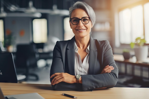 Business woman arms crossed portrait and smile desk in office for paperwork laptop or administration