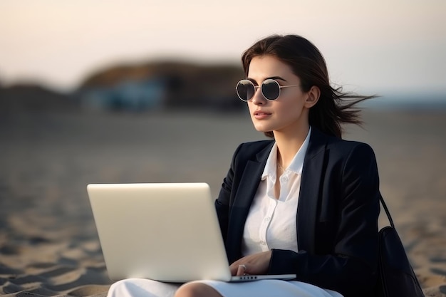 Business woman beach laptop Work office Generate Ai