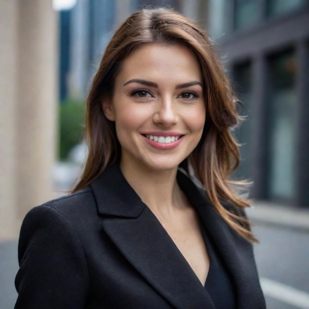 A business woman in a black suit smiling for the camera