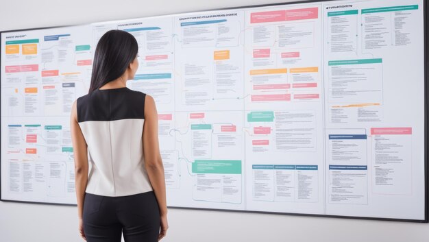 Business woman brainstorming infront of a wall filled with marketing strategic infographs