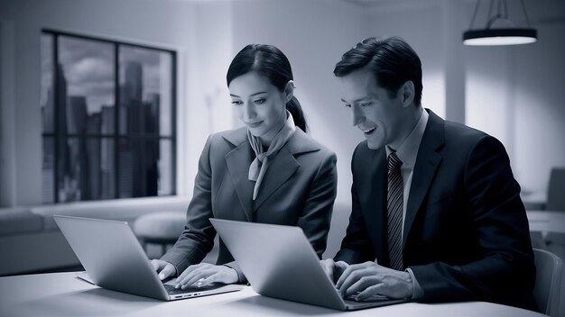 Business woman and bussiness man colleagues working on laptop