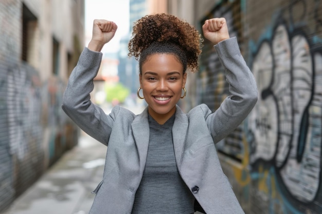 Foto donna d'affari che celebra il suo successo