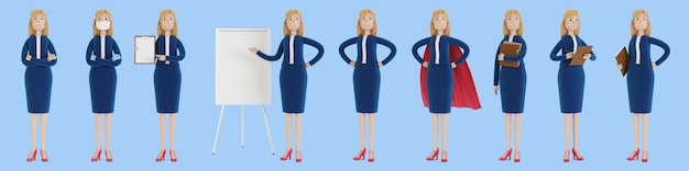 Photo business woman character in different poses a woman in business clothes a company employee 3d illustration in cartoon style