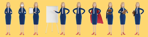 Business Woman character in different poses A woman in business clothes a company employee 3D illustration in cartoon style