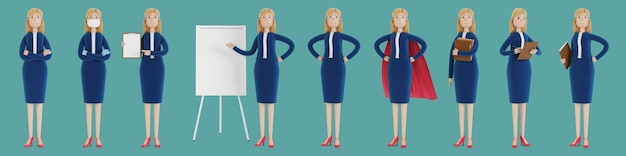 Photo business woman character in different poses a woman in business clothes a company employee 3d illustration in cartoon style