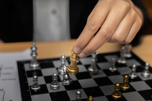 Business woman Chess financial business strategy concept.