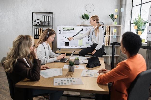 Business woman colleagues gathering at office room for brainstorming