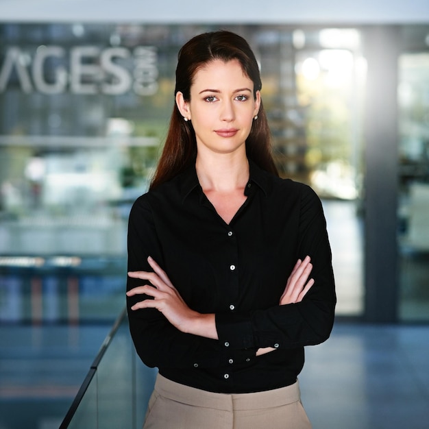 business woman and confident portrait in office for internship at corporate company for administrative work or tasks for developing skills female intern professional and proud for future career