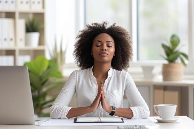 Photo business woman corporate company worker secretary or financial accountant doing stress relieving practices at work beautiful relaxed african american girl sitting at office desk and meditating
