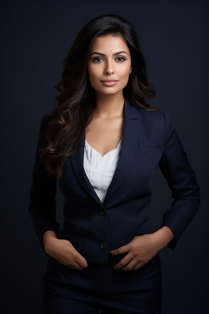 Business Woman Engrossed in Work Against Dark Blue Backdrop